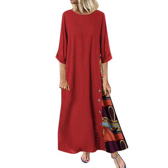 MISSOMO Maxi Dress Women Casual Elegant Patchwork 3/4 Sleeves O-Neck Button High Low Hem Plus Size Long Dress Boho Party dress 8