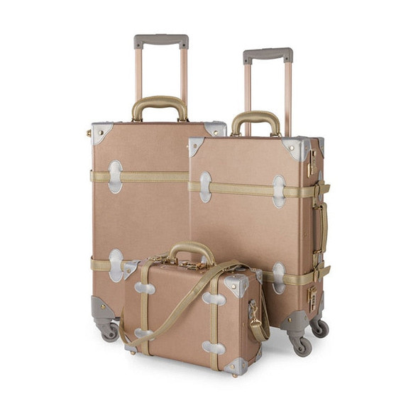 COTRUNKAGE 3 Pieces Rose Gold Retro Pu Leather Suitcase Set 13" 20" 26" Women Trunk Vintage Luggages Girls Rolling Luggage Sets