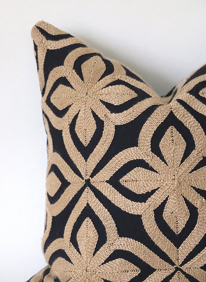 Embroidered African Kuba Cloth Pillow / Black and Beige Pillow Cover / Needlepoint Pillow Case