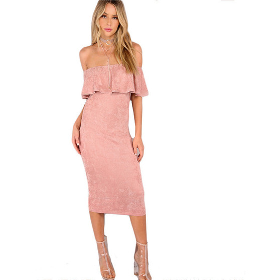 Women Party dresses Elegant Evening Sexy Club Dresses Backless Midi Pink Faux Suede Off The Shoulder Ruffle Dress