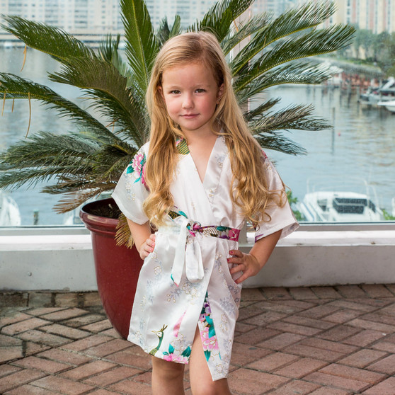 Sample Sale - Kids Satin White Floral Robes "Flower Girl" In Gold Glitter, Size: 2-4T