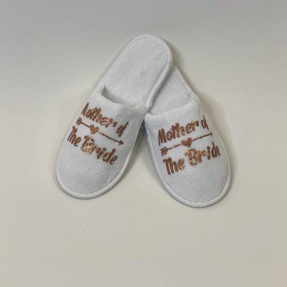 Sample Sale - White Slippers "Mother of the Bride" in Rose Gold Glitter