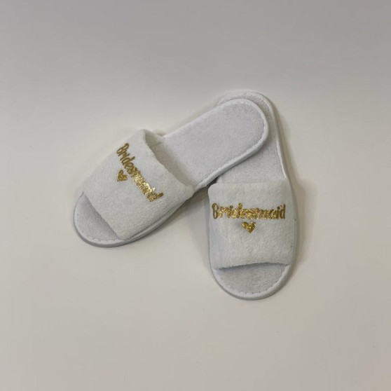 Sample Sale - White Slippers Open Toe "Bridesmaid" in Gold Glitter