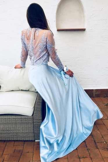 Chic Two Piece Blue Party Gowns Lace Long Sleeves A Line Prom Dresses D06