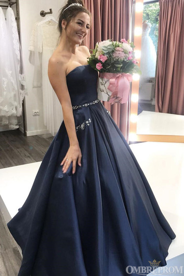 Simple Strapless A Line Sleeveless Ball Gowns Prom Dresses with Beaded P997