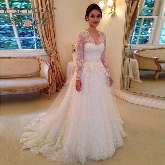 Charming V Neck Long Sleeves Sweep Train Lace Wedding Dresses W571
