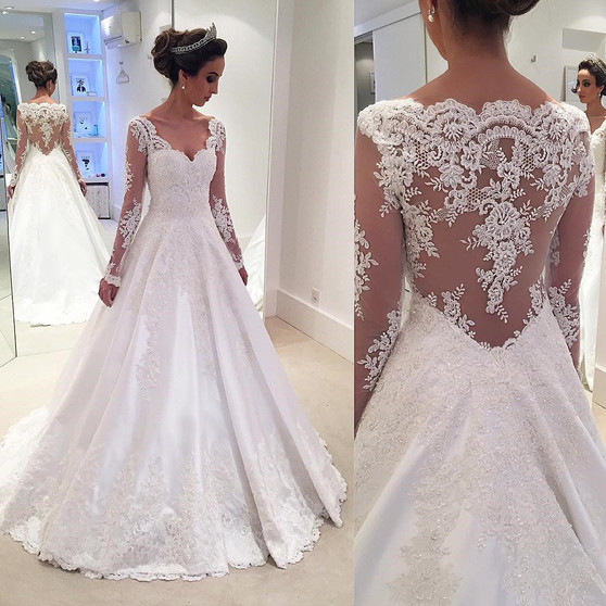 Unique Elegant V Neck Long Sleeves Ball Gown White Satin Lace Modest Plus Size Wedding Dresses With Appliques W556