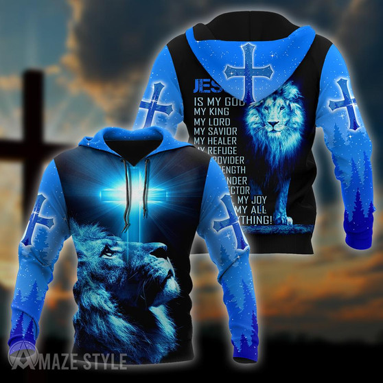 Lion Blue Jesus God Christ Cross Full Printed 3D Hoodie