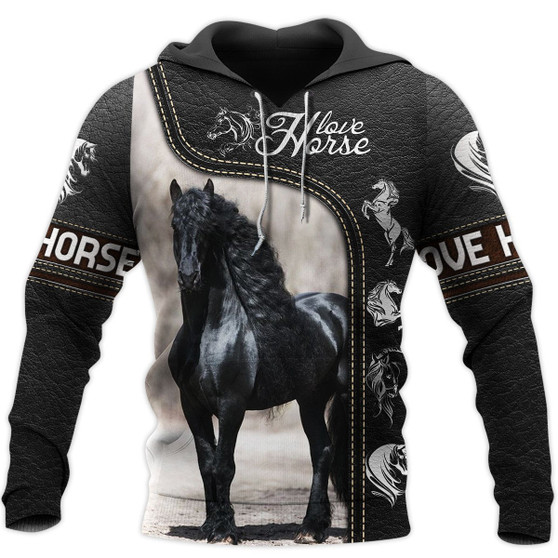 Love Black Horse Leather Fake Printed 3D Hoodie