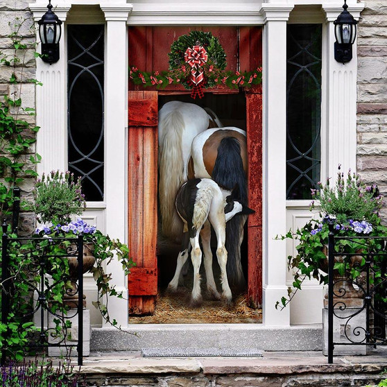 Funny Family Horse Christmas Wooden Printed Door Cover