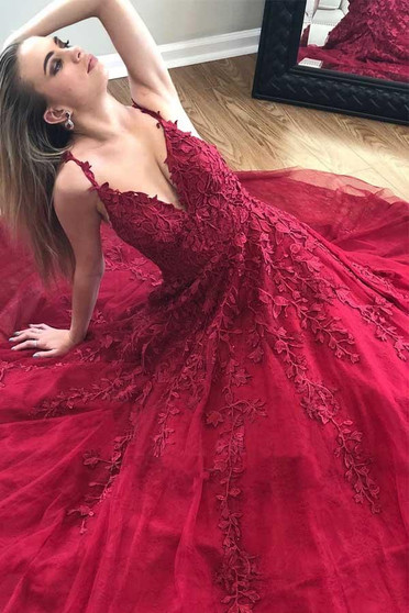 Pretty Burgundy V-neck Long Tulle Prom Dresses With Appliques M1076