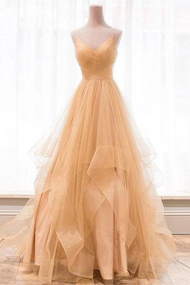 Spaghetti Straps V-neck Lace Up Back Long Princess Prom Dress Cute Dresses M1032