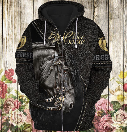 Love Black Horse Layout 3D Printed Zip Hoodie For Men & Women