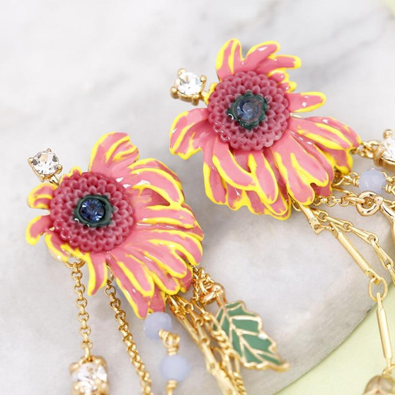 Pink Flowers With Beaded Tassels Dangle Earrings