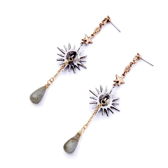 Long Star Earrings With Dangling Stones
