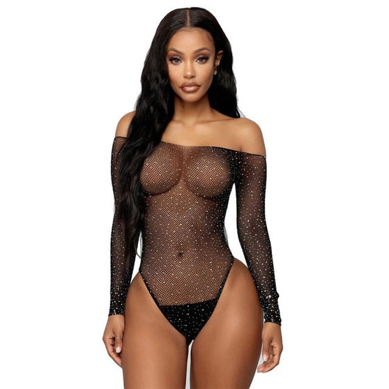 Sexy Fishnet Rhinestone Bodysuit Women Bodycon Long Sleeve Leotard Tops Hollow Out See Through Off Shoulder Sexy Lingerie