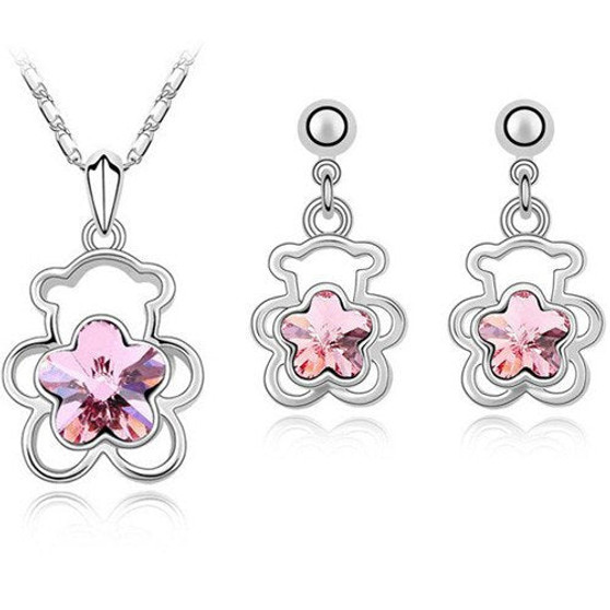 Crystal Flower Bear Necklace & Earrings Fashion Jewelry Set