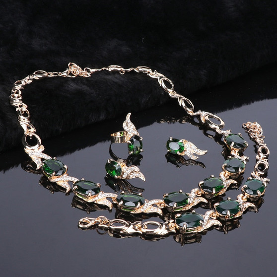 Green Crystal and Rhinestone Necklace, Bracelet, Earrings & Ring Wedding Jewelry Set
