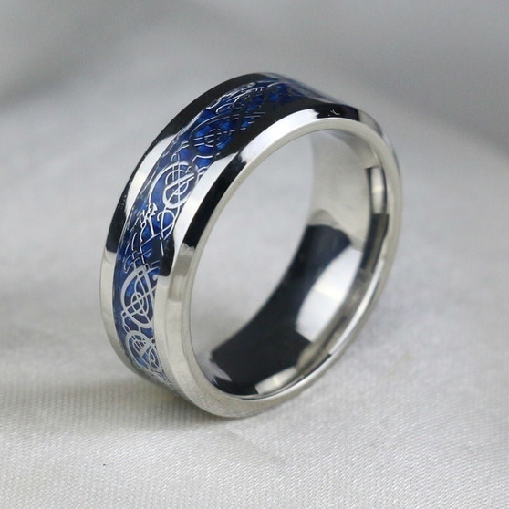 Silver Celtic Dragon Inlay and Blue Cubic Zirconia Claddagh Stainless Steel Wedding Bands