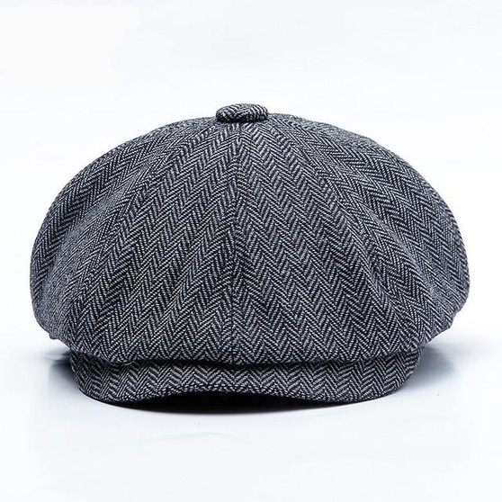 Retro Warm Tweed Herringbone Octagonal Newsboy Cap with Buttons