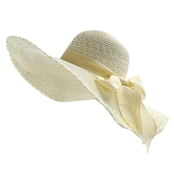 Ladies Wide Brim Floppy Straw Sun Hat with Bowknot