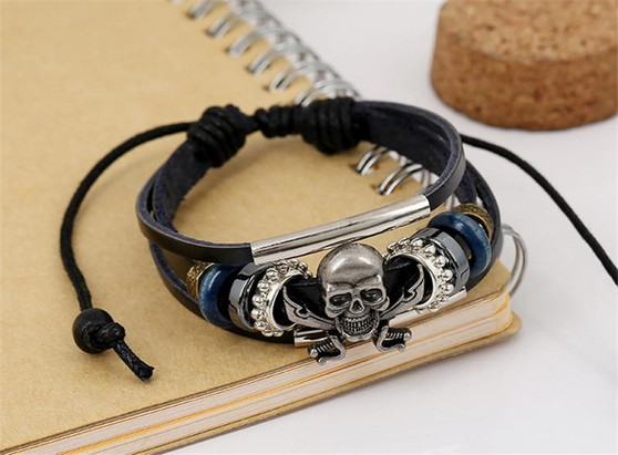 Black Genuine Leather Punk Skull Beaded Bracelet