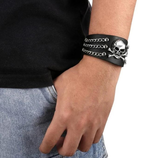 Black Genuine Leather Punk Skull with Chains Bracelet