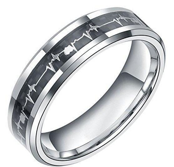 6mm/8mm Titanium Rings Heartbeat Cardiogram Black Carbon Fiber Engagement Wedding Band
