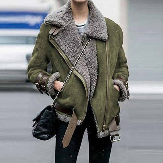 2020 Faux Shearling Sheepskin Coat Women Leather Thick Suede Jacket Women Autumn Winter Lambs Wool Short Motorcycle Coats