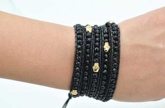 Handmade Black Five Wrap Skull Bracelet