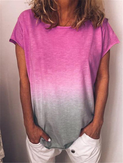 Women Summer Gradient Rainbow Casual O Neck Tops Long Sleeve T-shirt