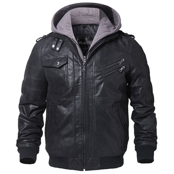 Men's Brown Leather Motorcycle Jacket with Removable Hood