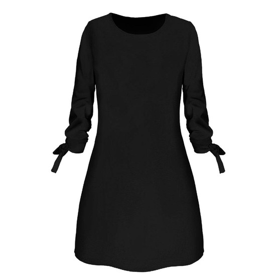 Pin O-Neck Solid Long Sleeve Dress