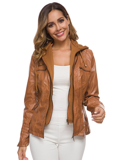 Instagram Hot Fashion Faux Leather Jacket with Detachable Hood