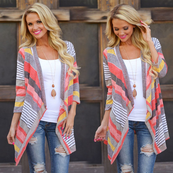 Women's 3/4 Sleeve Open front Striped Irregular Cardigan