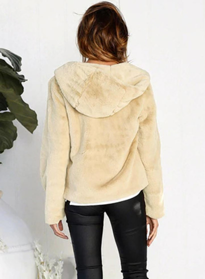 Women Solid Color Long Sleeve Plush Hooded Cardigan Coat