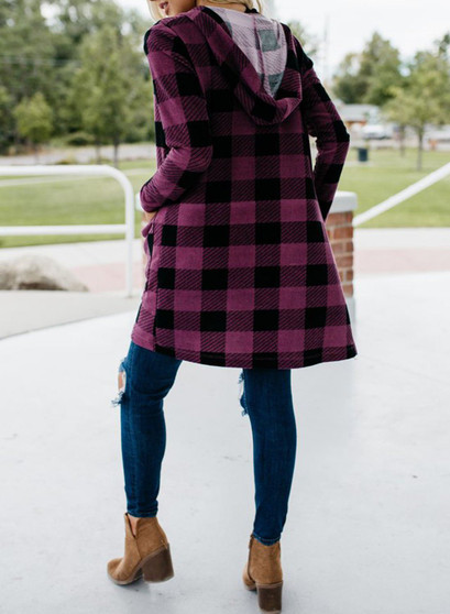 Women Plaid Printed Long Sleeve Pocket Hooded Cardigan