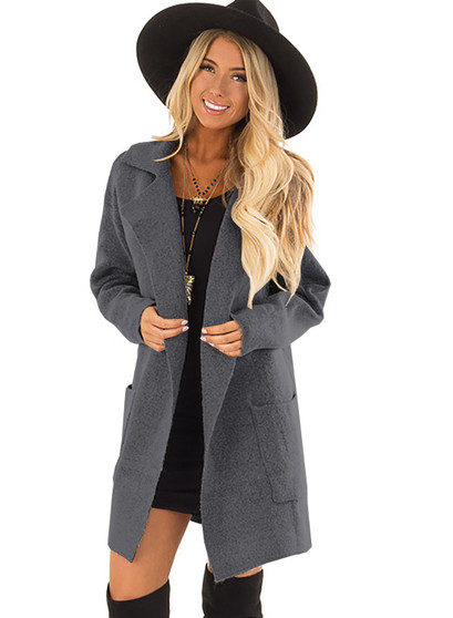 Women Warm Woolen Pockets Long Sleeve Cardigan Coat