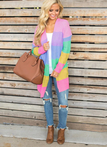 Women Colorful Rainbow Stitching Long Sleeve Cardigan