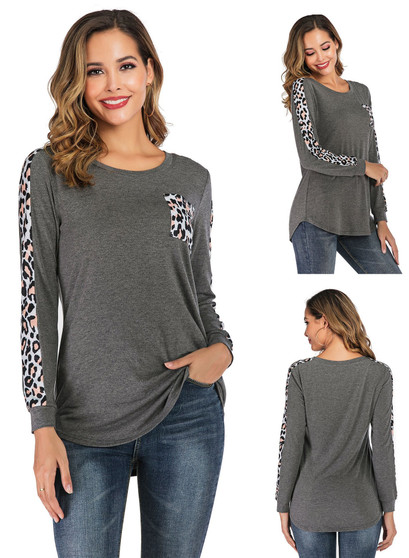 Women Leopard Pockets Long Sleeve T-shirt