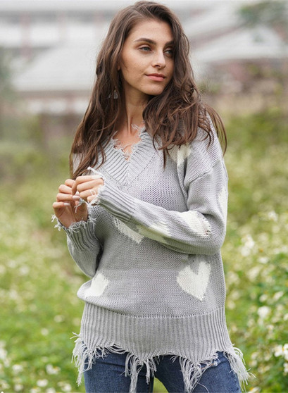 Women V-neck Heart Print Knit Loose Sweater
