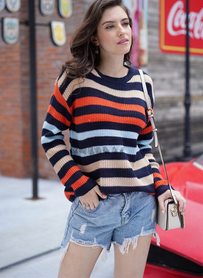 Women Rainbow Stripes Knit Loose Casual Sweater