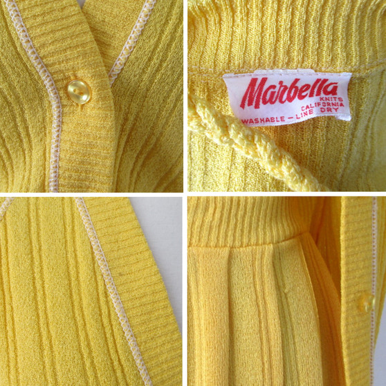 Vintage 70s Yellow Knit Sweater Top Skirt Matching Belt Set S