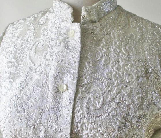 Vintage 60's MOD Silver Damask White Satin Evening Blouse / Jacket L