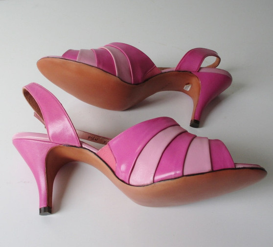 Vintage 50's 60's Pink Striped Slingback Heels Shoes 9 1/2 N