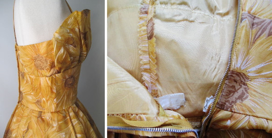 Vintage 60's / 50's Golden Flower Full Skirt Party Dress S