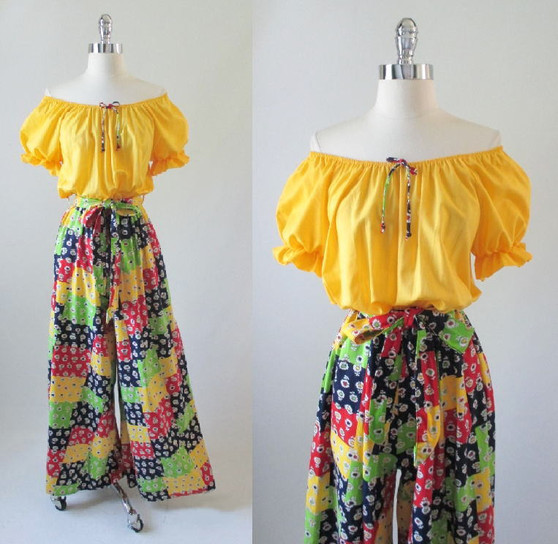 • Vintage 70's Yellow Off Shoulder Patchwork Wide Leg Palazzo Jumpsuit M/L