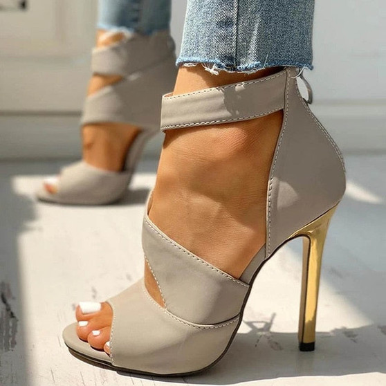 Women Thin High heels Summer Thin High zipper Peep Toe Sandals Office Hollow Out Sandals Shoes Ladies High Heels Pumps