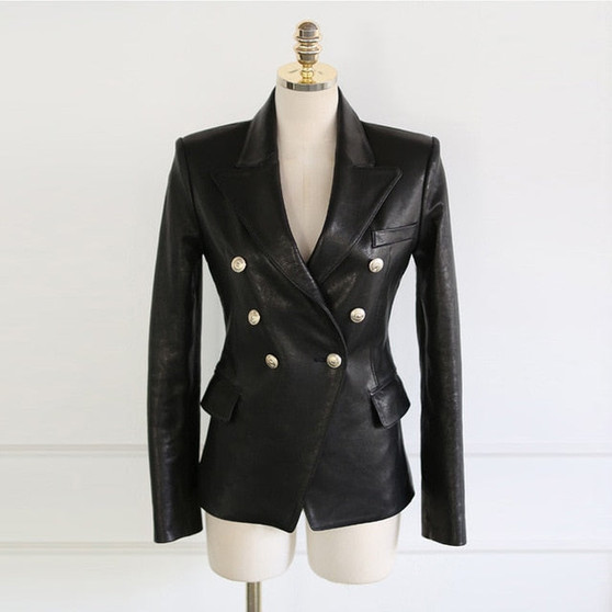 Black Faux Leather Buttons Turn-down Jacket