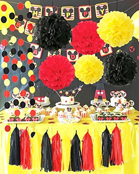 Mickey Mouse Birthday Decorations Mickey Mouse Party Supplies Yellow Black Red Confetti Ballons Fire Truck Birthday Banner,Minnie Mouse Birthday Party Decorations, Mickey Garland Banner